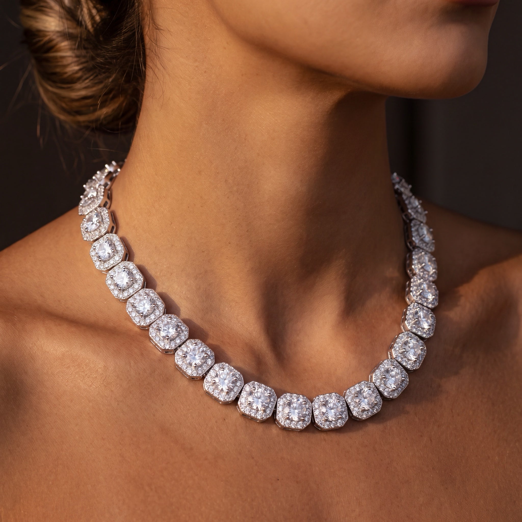 Clustered tennis chain worn in a lifestyle setting