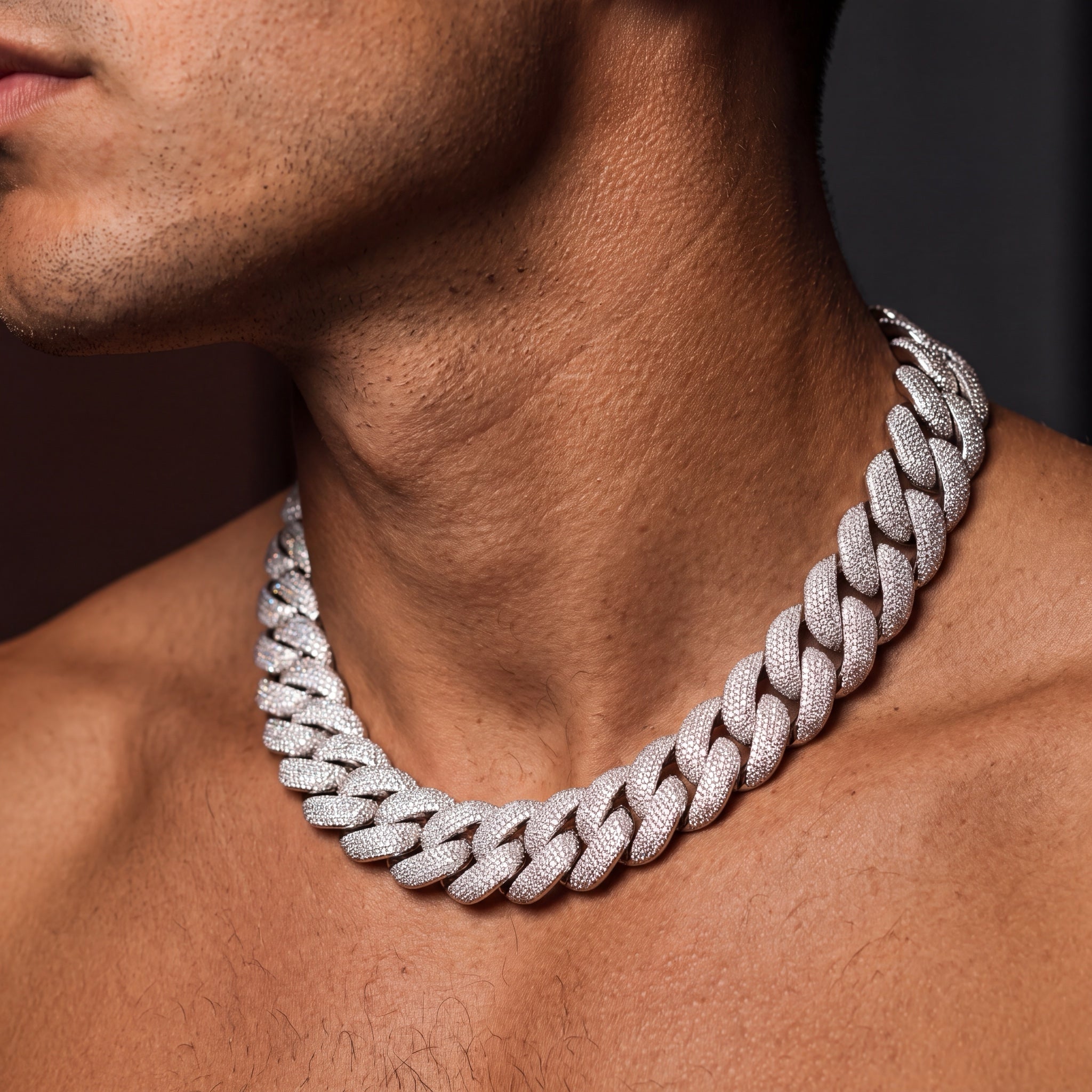 24 mm iced Cuban link chain worn, angled view