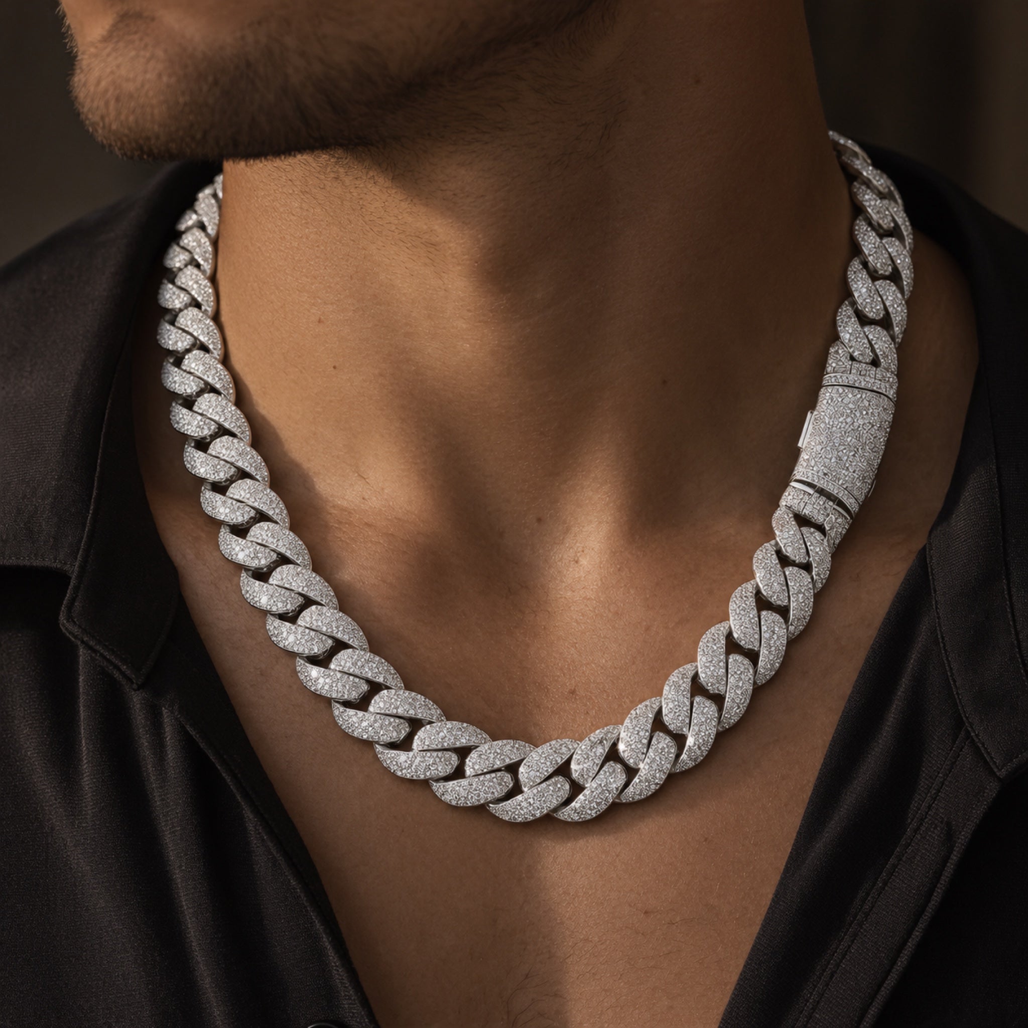 22 mm iced Cuban link chain with curved flip-buckle clasp, worn