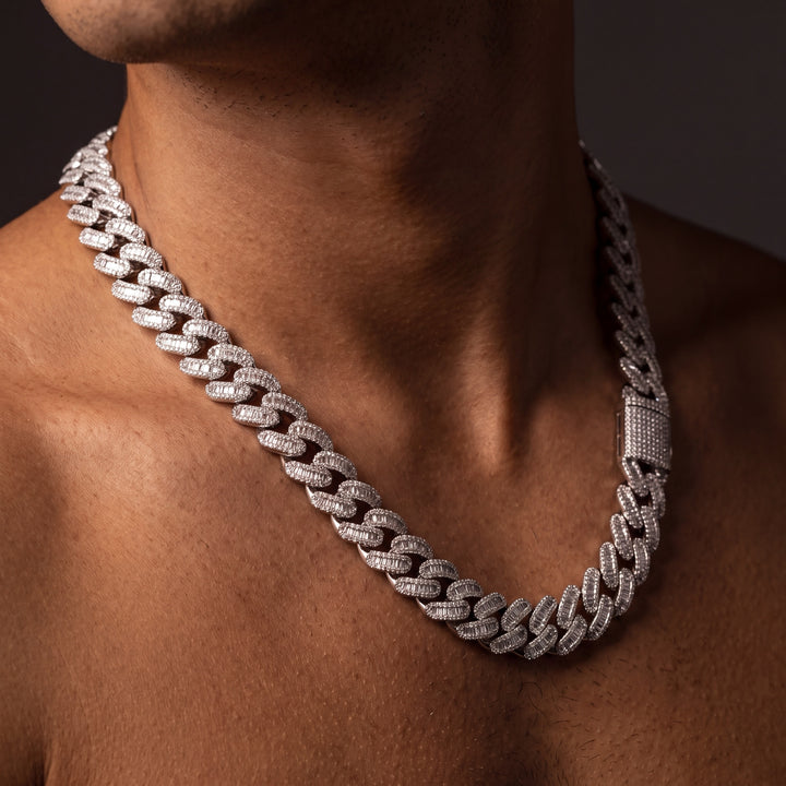 15 mm baguette iced Cuban chain worn, angled view