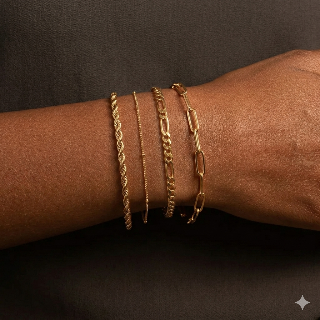 GoldTone Stainless Steel Bracelet Set — Paperclip, Figaro, Rope(4-pc)