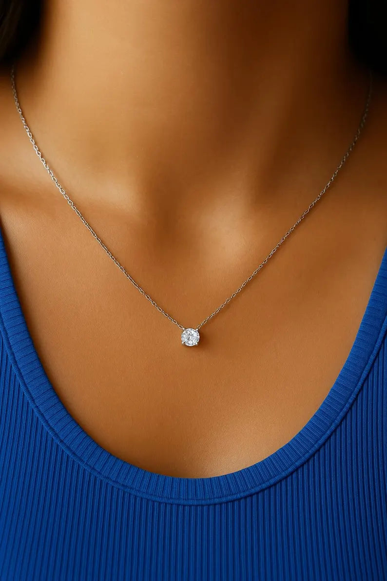 Water Resistant Women’s Necklace – Dainty Necklace Gold/Silver, Floating Solitaire Pendant in Sterling Silver, Minimalist Bridesmaid Jewelry