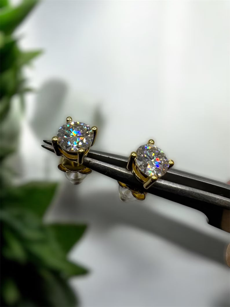 Real VVS1 Moissanite Stud Earrings in 925 Silver or Yellow Gold, Push Back Earrings 0.2-4 CTW, 3-8mm for Women & Men