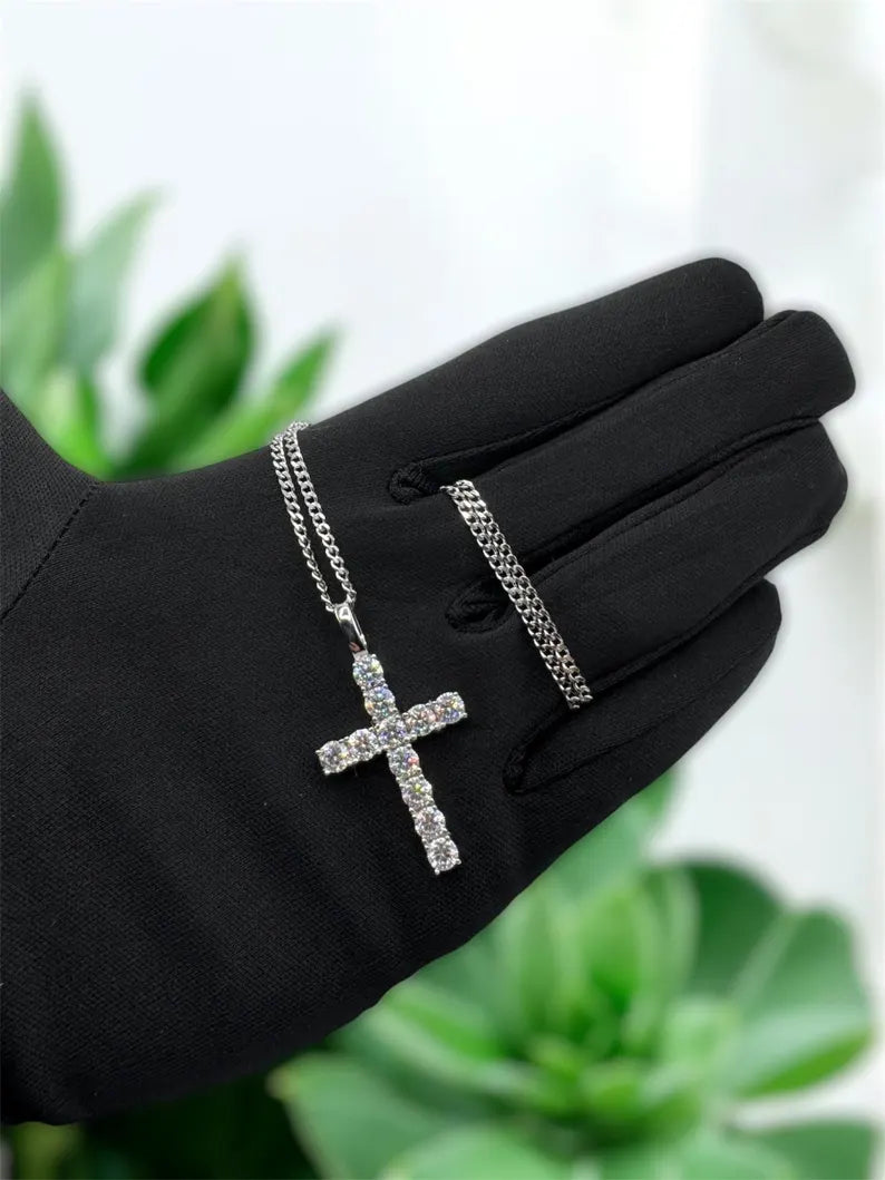 Moissanite Pendant Necklace with Cross Design, Sterling Silver S925, Gold or Silver Finish, Unisex