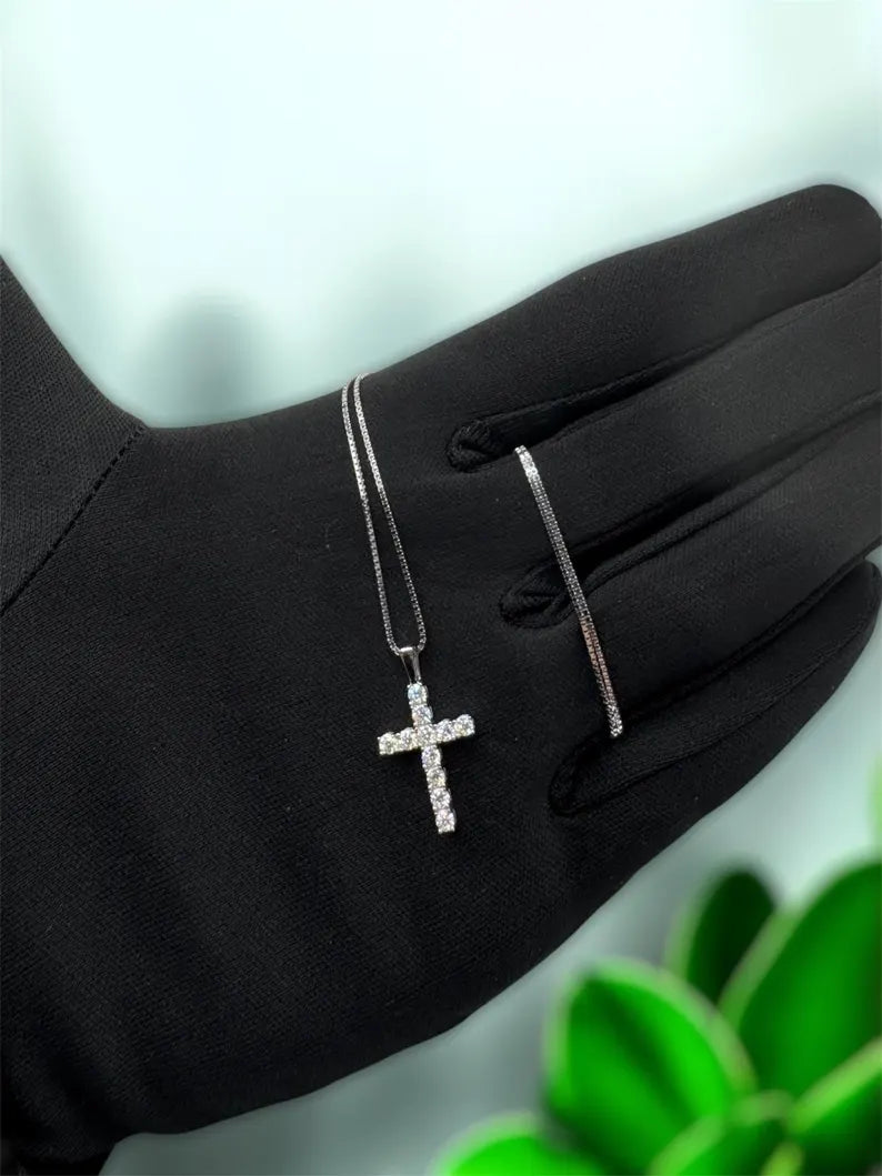 Moissanite Pendant Necklace with Cross Design, Sterling Silver S925, Gold or Silver Finish, Unisex