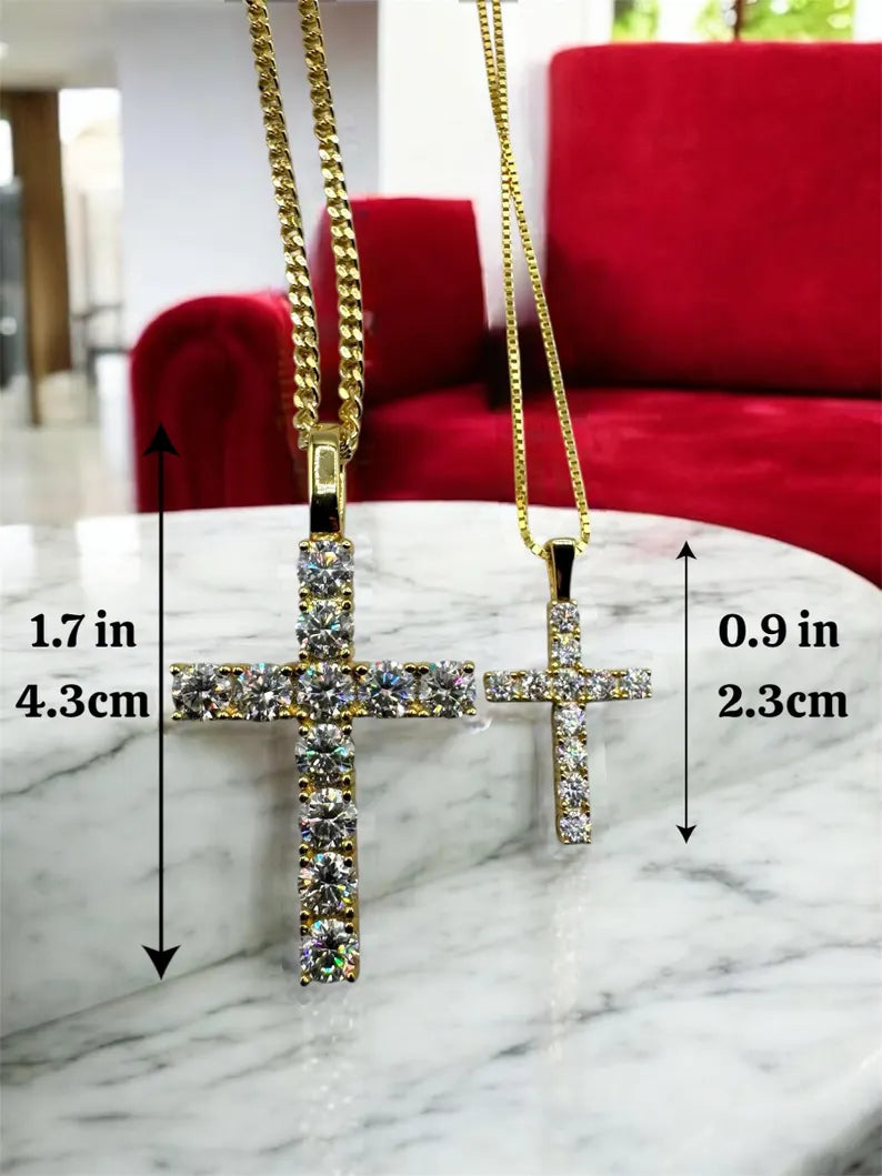 Moissanite Pendant Necklace with Cross Design, Sterling Silver S925, Gold or Silver Finish, Unisex