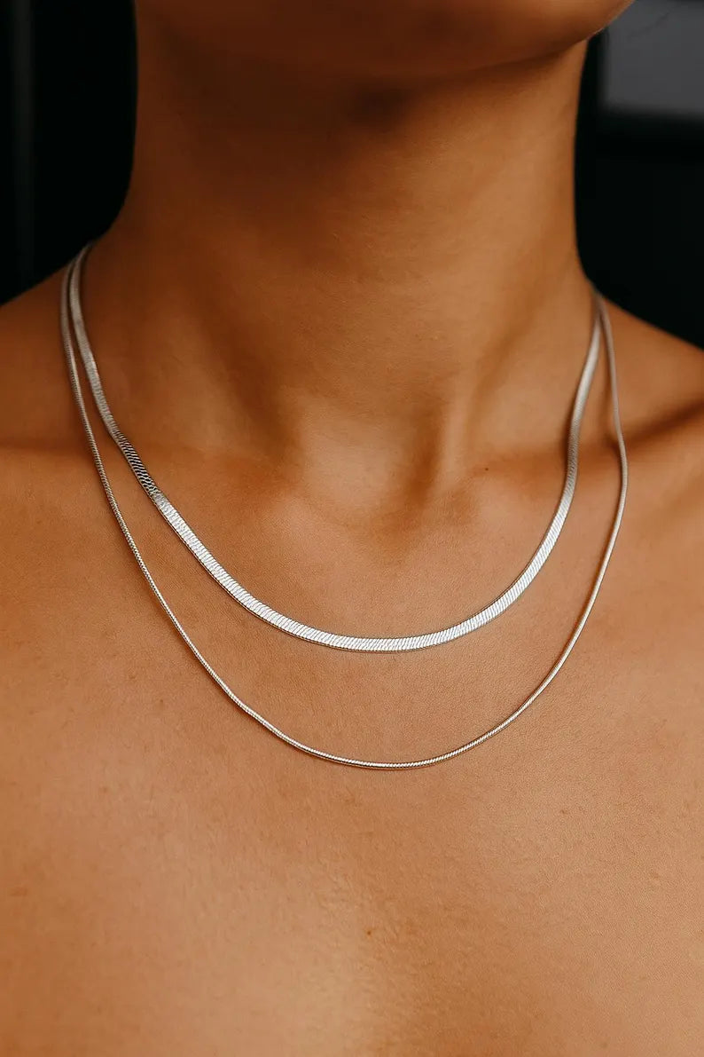 Waterproof 18K Gold Plated Necklace Set for Women, Layered Herringbone Chain, Stainless Steel, Gift for Her