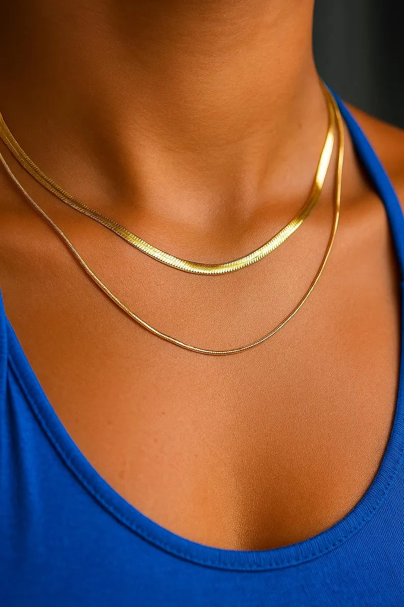 Waterproof 18K Gold Plated Necklace Set for Women, Layered Herringbone Chain, Stainless Steel, Gift for Her