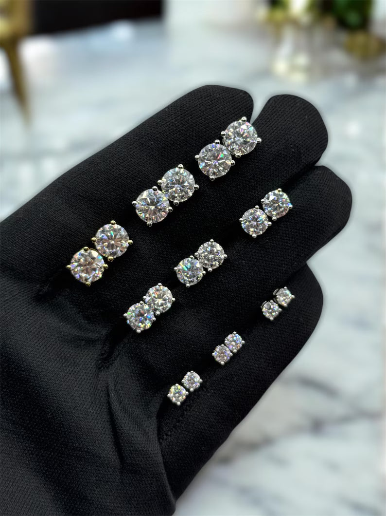 Real VVS1 Moissanite Stud Earrings in 925 Silver or Yellow Gold, Push Back Earrings 0.2-4 CTW, 3-8mm for Women & Men