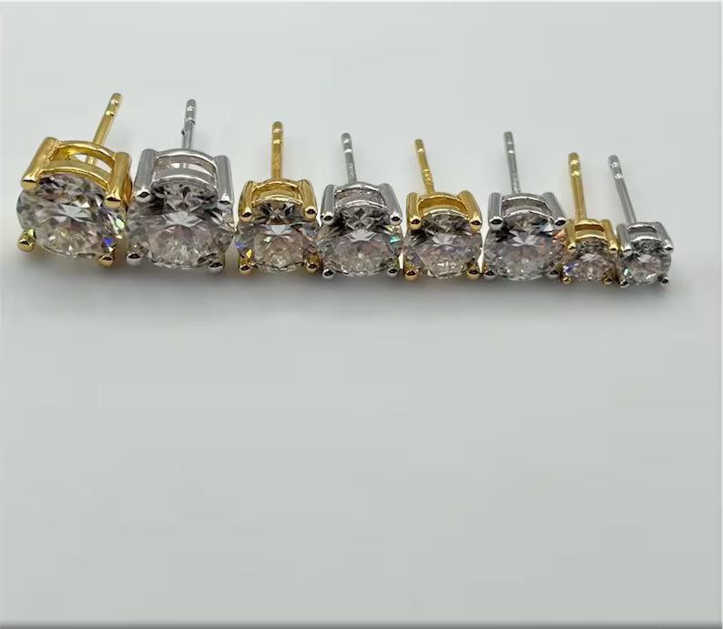Real VVS1 Moissanite Stud Earrings in 925 Silver or Yellow Gold, Push Back Earrings 0.2-4 CTW, 3-8mm for Women & Men