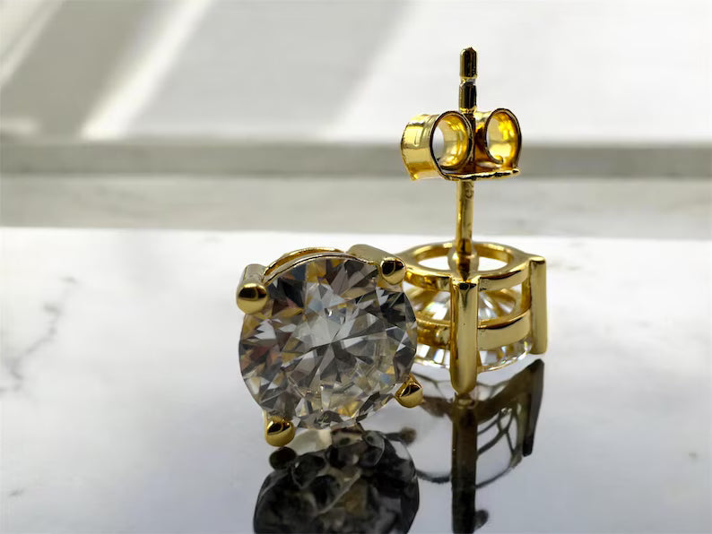 Real VVS1 Moissanite Stud Earrings in 925 Silver or Yellow Gold, Push Back Earrings 0.2-4 CTW, 3-8mm for Women & Men