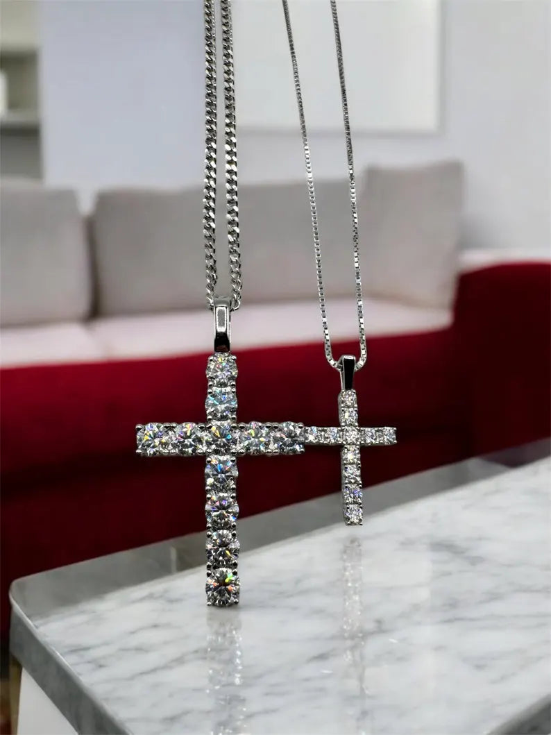 Moissanite Pendant Necklace with Cross Design, Sterling Silver S925, Gold or Silver Finish, Unisex