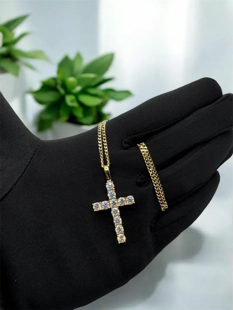 Moissanite Pendant Necklace with Cross Design, Sterling Silver S925, Gold or Silver Finish, Unisex
