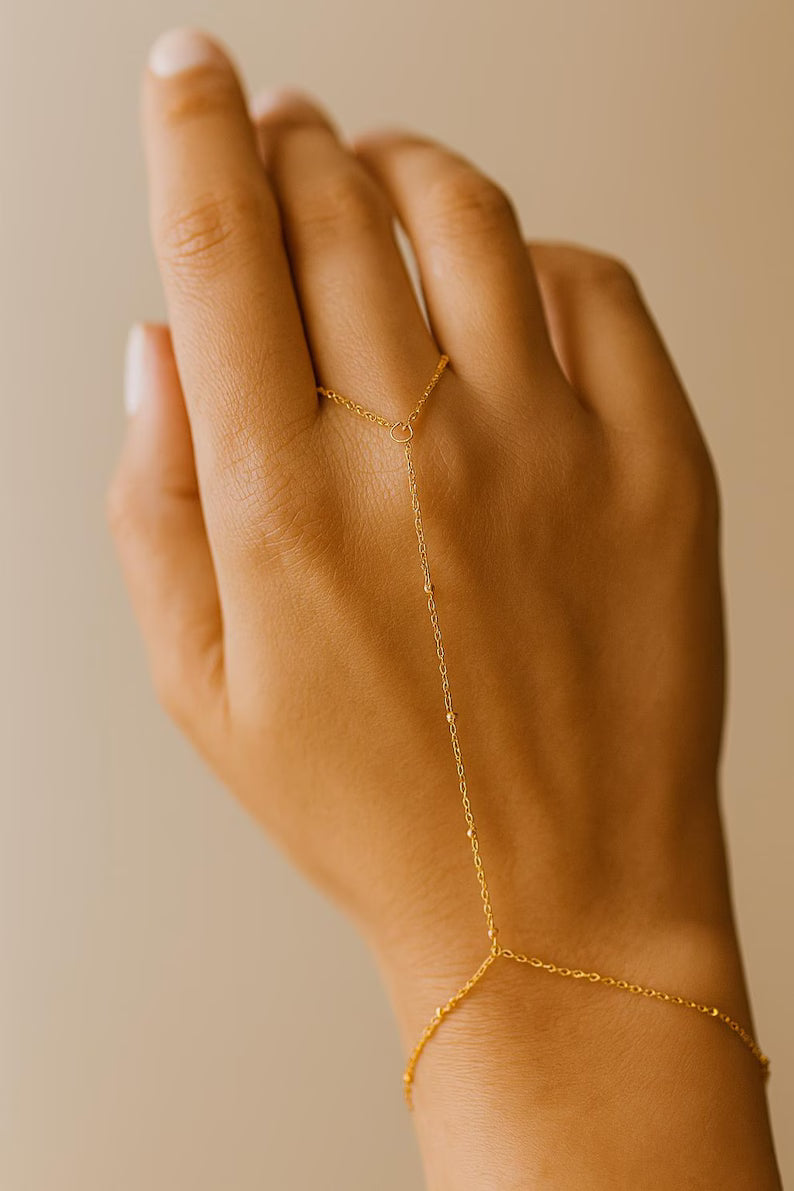 18K Waterproof Gold & White Gold Plated Stainless Steel Hand Chain Bracelet, 5X Layer Durable, Dainty Finger Chain, Minimalist Jewelry