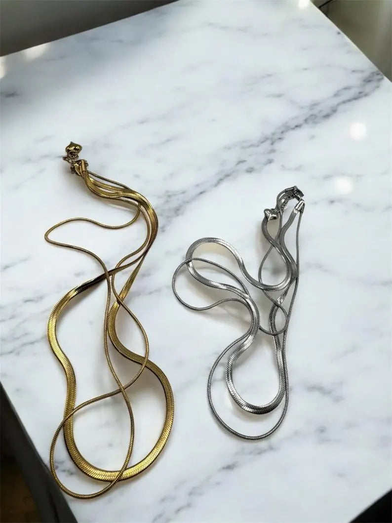 Waterproof 18K Gold Plated Necklace Set for Women, Layered Herringbone Chain, Stainless Steel, Gift for Her