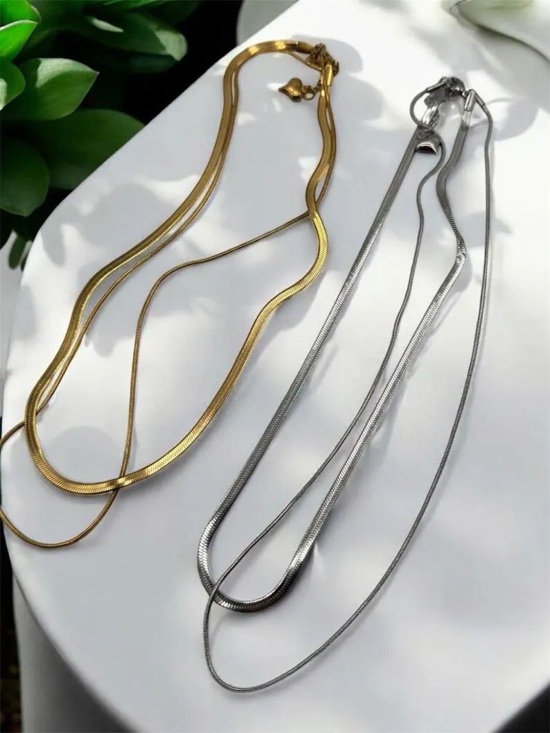 Waterproof 18K Gold Plated Necklace Set for Women, Layered Herringbone Chain, Stainless Steel, Gift for Her