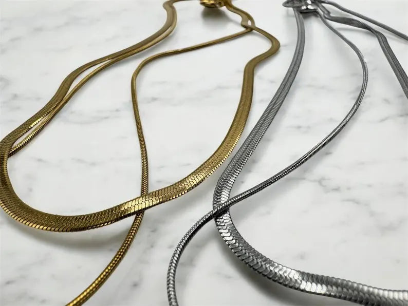 Waterproof 18K Gold Plated Necklace Set for Women, Layered Herringbone Chain, Stainless Steel, Gift for Her