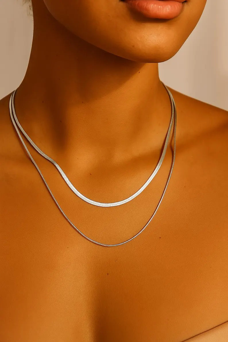 Waterproof 18K Gold Plated Necklace Set for Women, Layered Herringbone Chain, Stainless Steel, Gift for Her