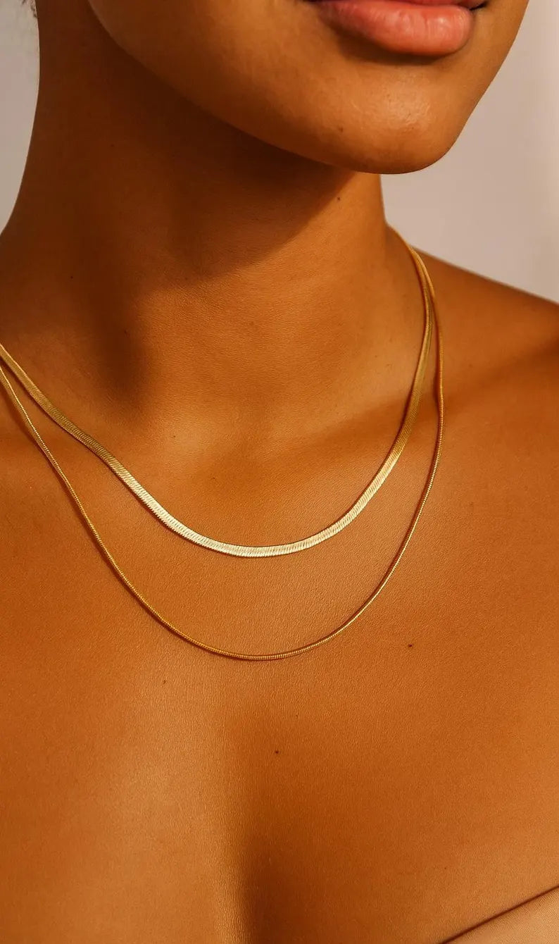 Waterproof 18K Gold Plated Necklace Set for Women, Layered Herringbone Chain, Stainless Steel, Gift for Her