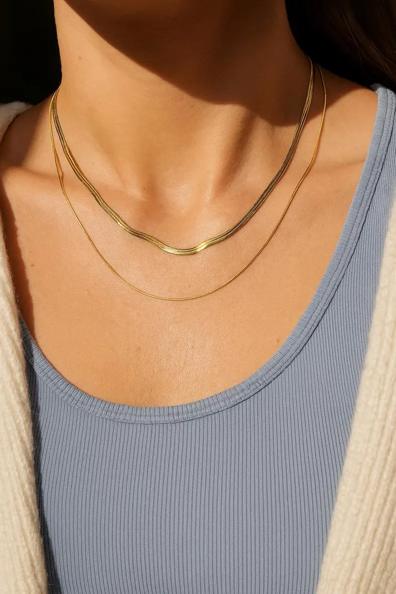 Waterproof 18K Gold Plated Necklace Set for Women, Layered Herringbone Chain, Stainless Steel, Gift for Her