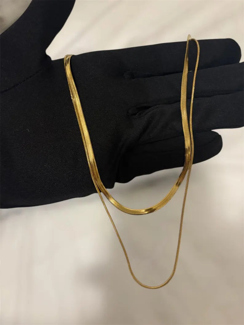 Waterproof 18K Gold Plated Necklace Set for Women, Layered Herringbone Chain, Stainless Steel, Gift for Her