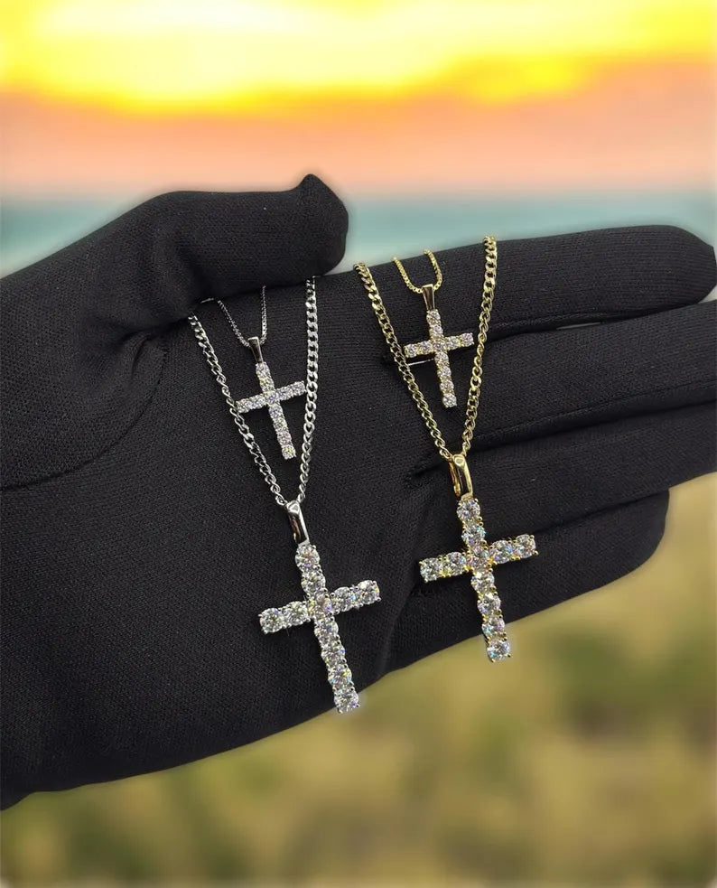 Moissanite Pendant Necklace with Cross Design, Sterling Silver S925, Gold or Silver Finish, Unisex