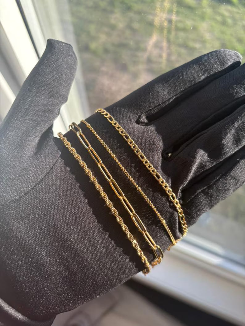 Women’s Gold Stainless Steel Dainty Bracelet Set – Paperclip, Figaro, Rope & Satellite Chain Layered Bracelets Minimalist Waterproof Jewelry