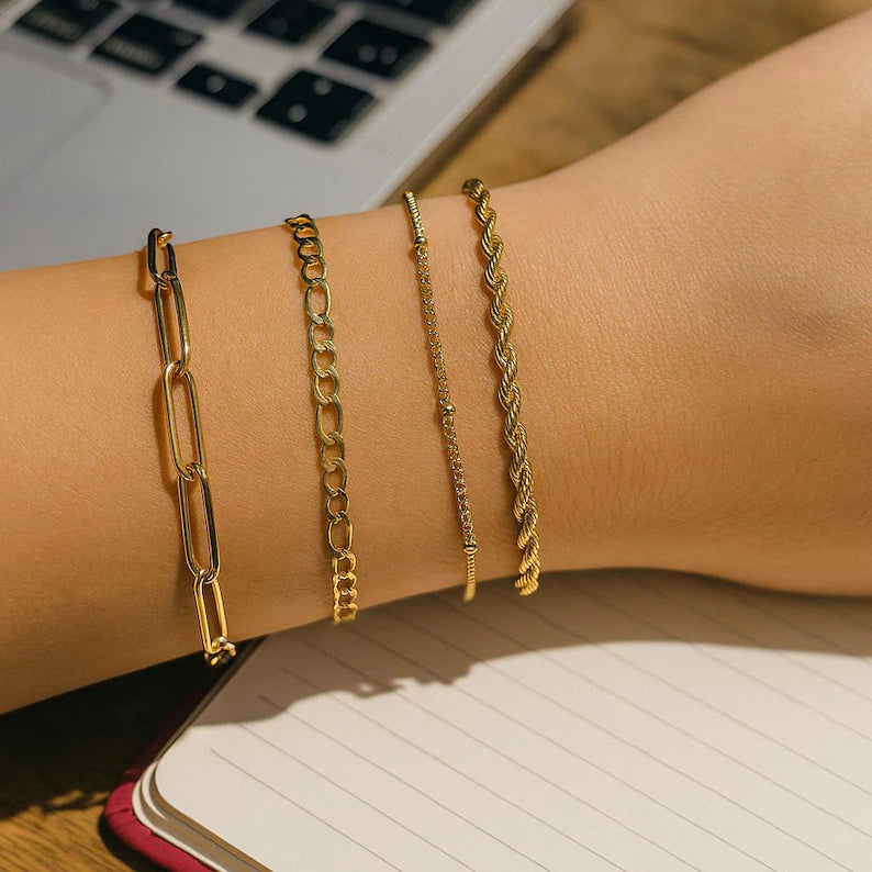 Women’s Gold Stainless Steel Dainty Bracelet Set – Paperclip, Figaro, Rope & Satellite Chain Layered Bracelets Minimalist Waterproof Jewelry