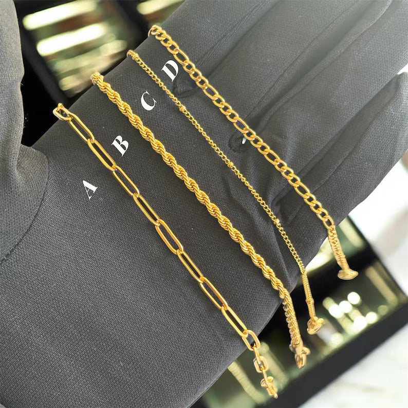 Women’s Gold Stainless Steel Dainty Bracelet Set – Paperclip, Figaro, Rope & Satellite Chain Layered Bracelets Minimalist Waterproof Jewelry