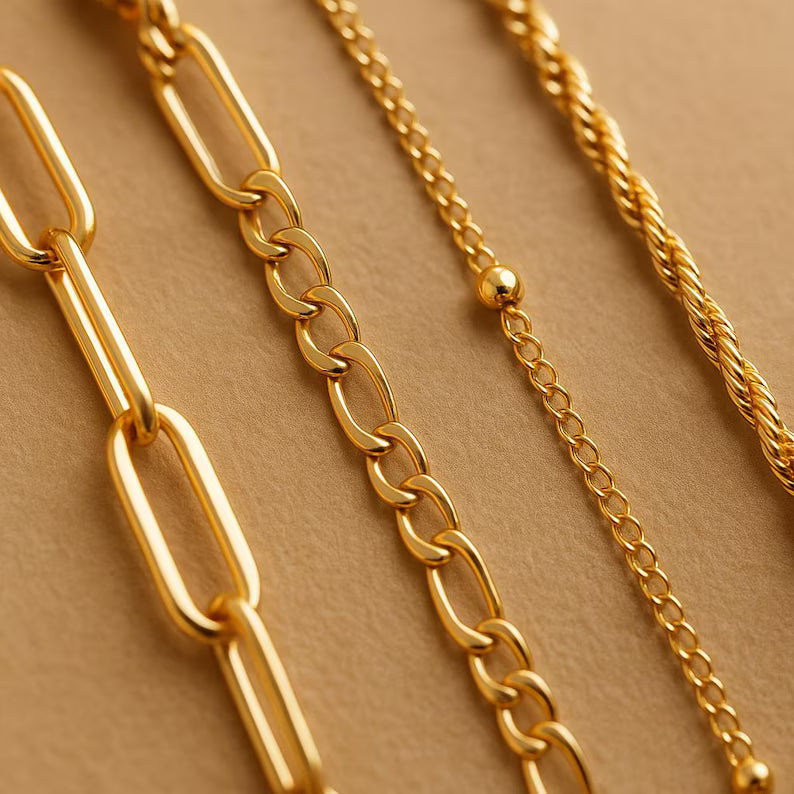 Women’s Gold Stainless Steel Dainty Bracelet Set – Paperclip, Figaro, Rope & Satellite Chain Layered Bracelets Minimalist Waterproof Jewelry