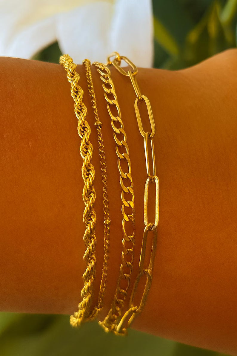 Women’s Gold Stainless Steel Dainty Bracelet Set – Paperclip, Figaro, Rope & Satellite Chain Layered Bracelets Minimalist Waterproof Jewelry