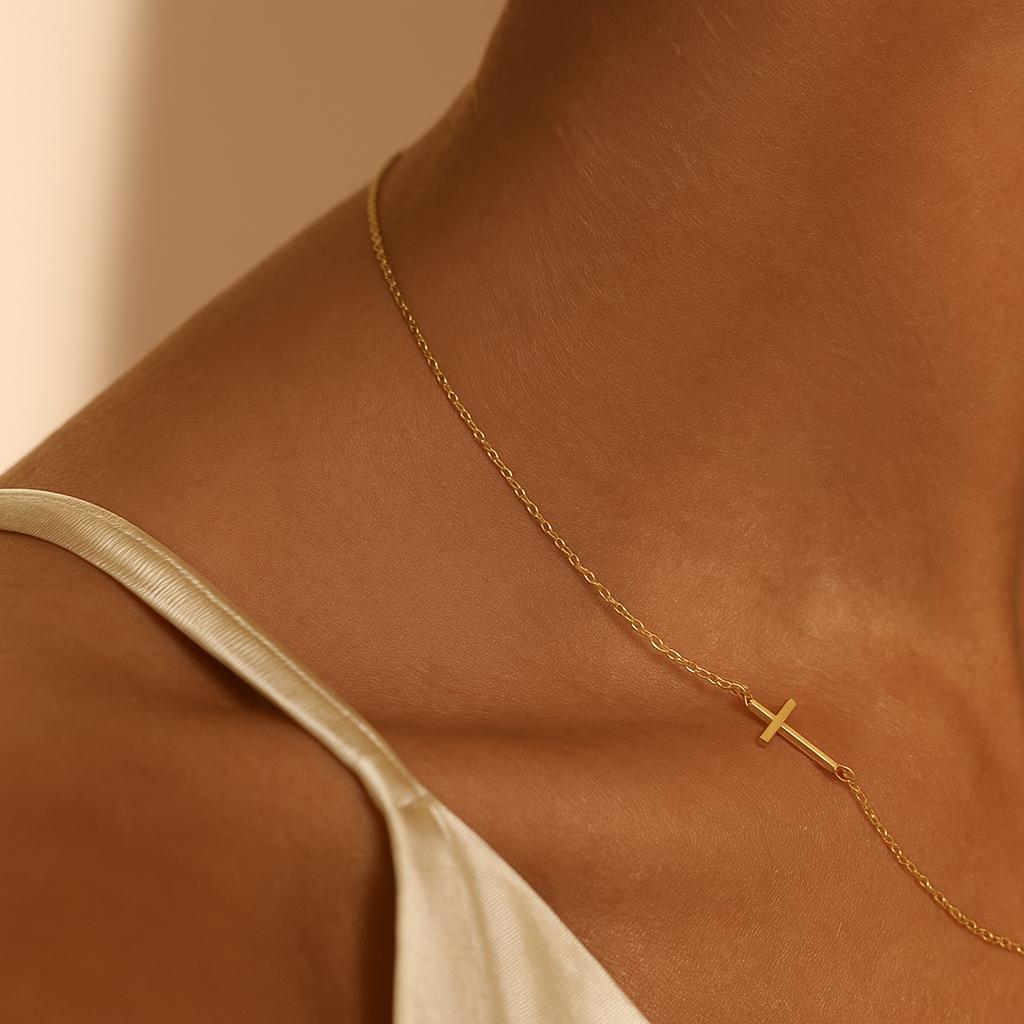 Gold sideways cross necklace, 16 inch chain with extender